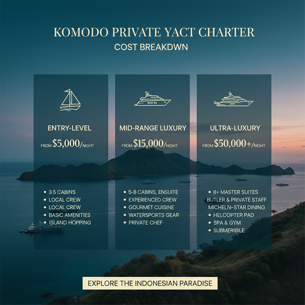 Komodo private yacht charter cost breakdown chart detailing entry-level to ultra-luxury options with features.