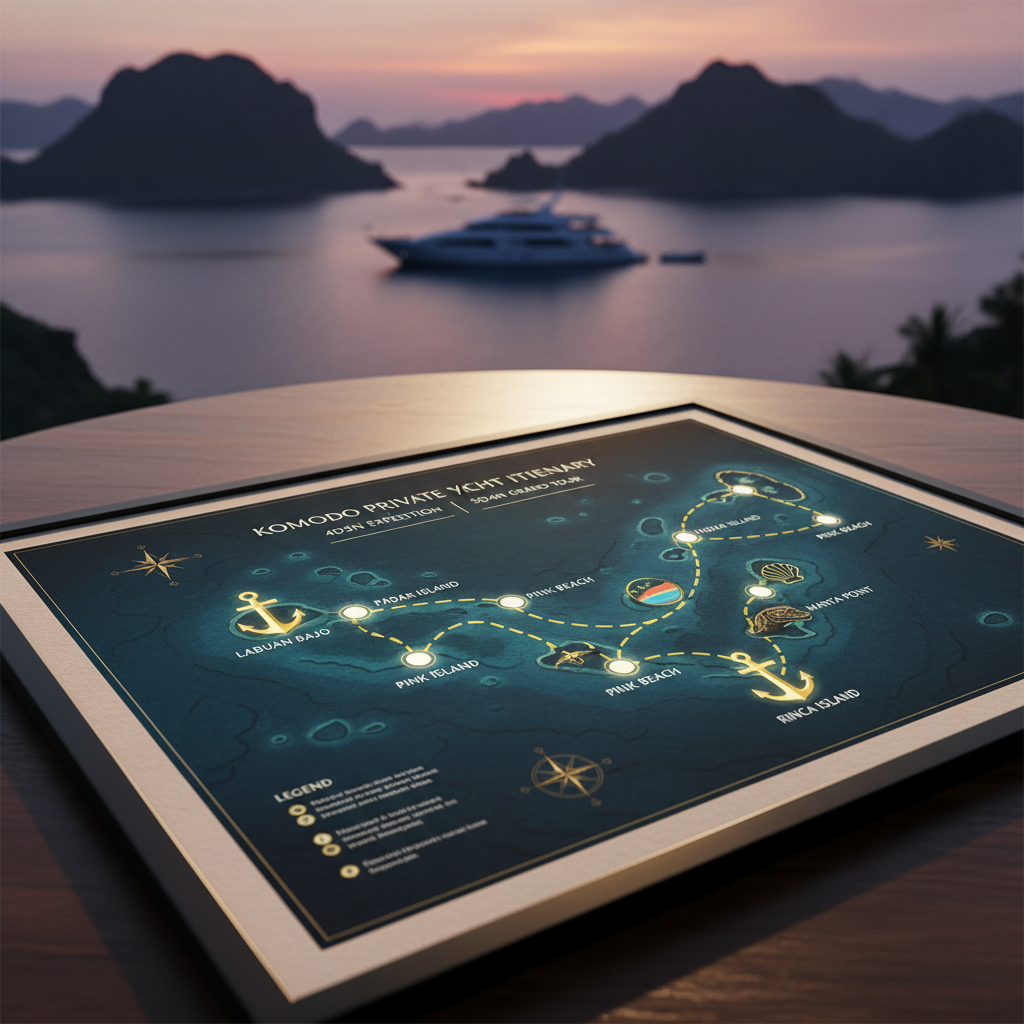 Komodo private yacht charter itinerary map on table, luxury yacht sailing at sunset.
