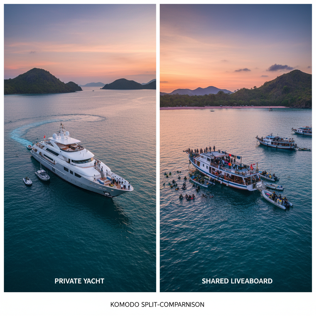 Elegant private yacht charter Komodo at sunset, with a busy shared liveaboard and island backdrop.