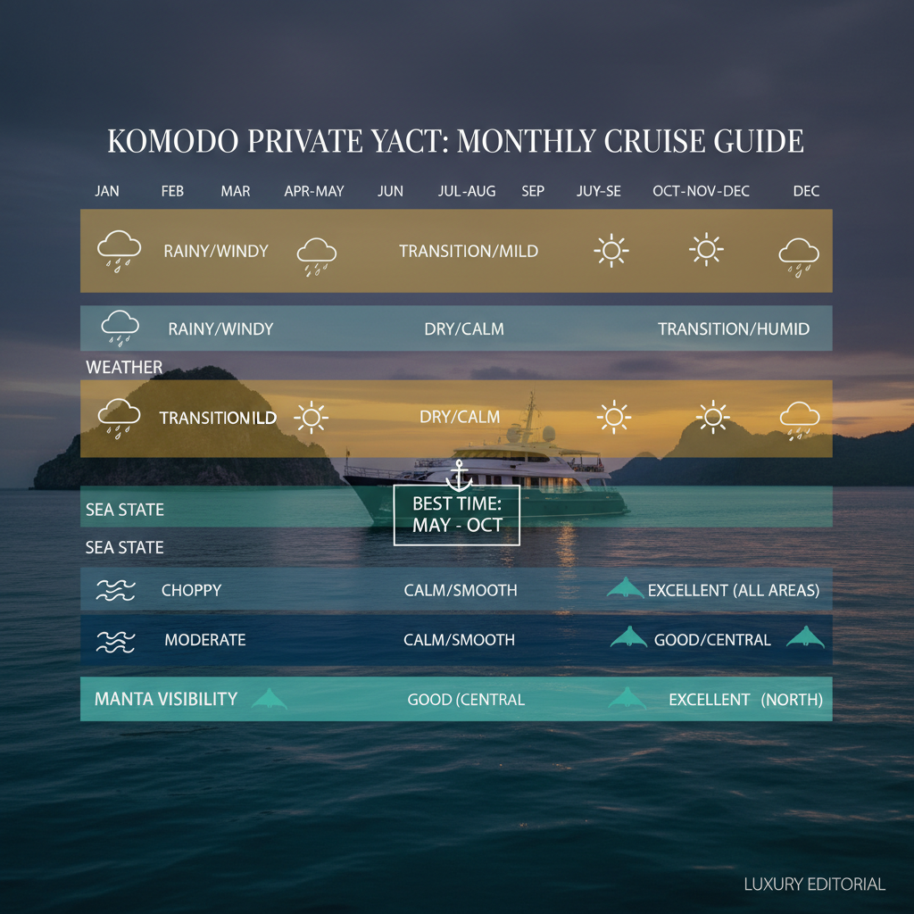 Komodo private yacht charter cruise guide graphic showing best travel times over a serene sunset.