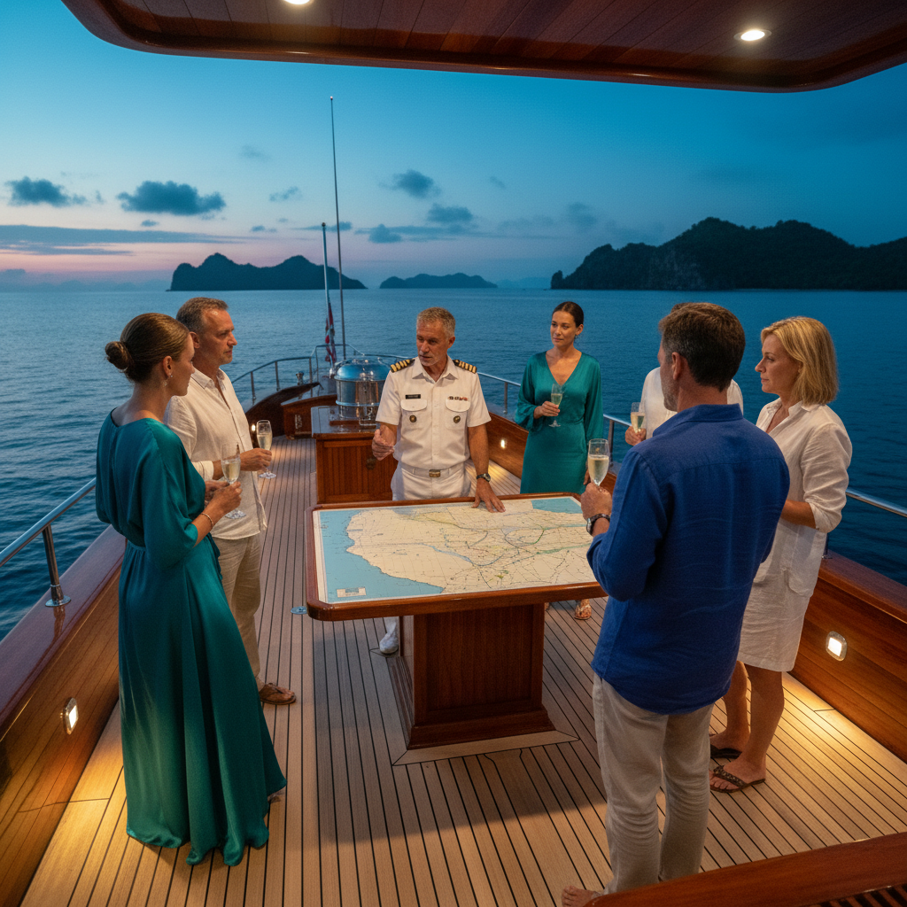Guests and captain discussing a Komodo map on a luxury private yacht charter deck at sunset.