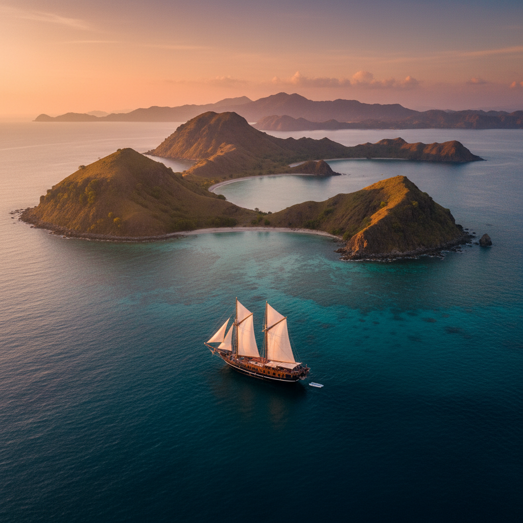 A traditional phinisi private yacht sailing on turquoise waters near Komodo islands at sunset.