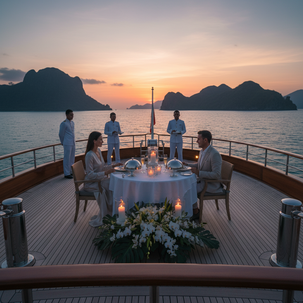 Couple enjoying a romantic sunset dinner on a luxury private yacht charter Komodo, served by attentive crew.